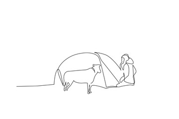 woman person dog friend backpack nature walking active life lifestyle one line art design