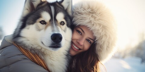 A heartwarming image of a woman embracing a husky dog in a snowy setting. Perfect for winter-themed projects or pet-related designs