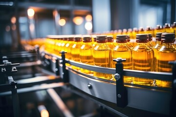 Bottling line of sunflower oil in bottles. Vegetable oil production plant. Industrial background - obrazy, fototapety, plakaty