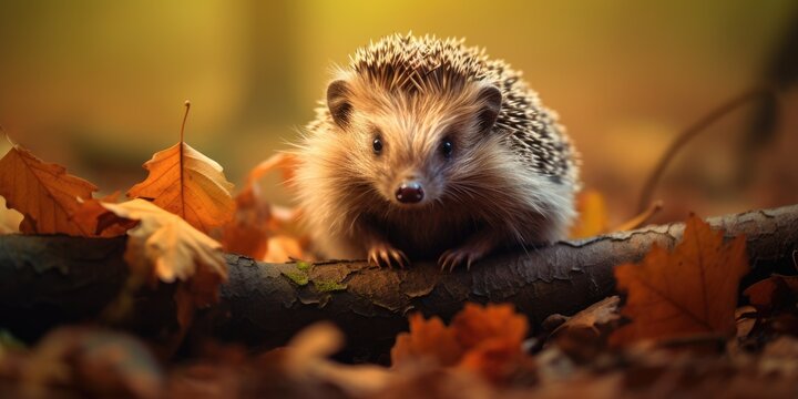 Charm of a hedgehog's cozy habitat in the heart of an autumn forest, where this spiky creature finds warmth among the foliage.