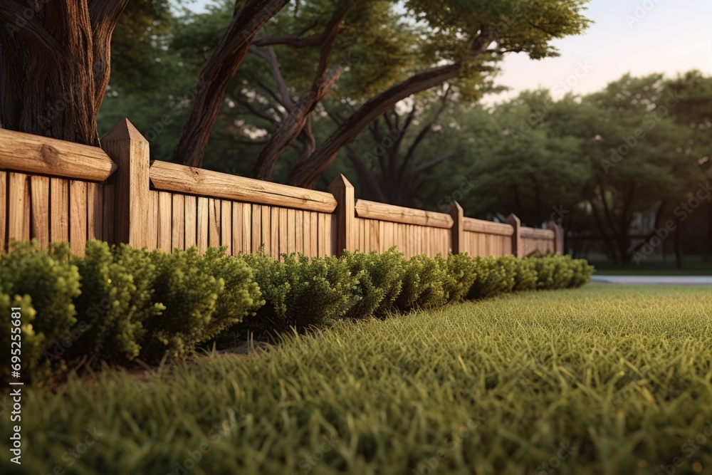 Poster a picturesque wooden fence standing proudly in the middle of a vibrant, green field. perfect for add