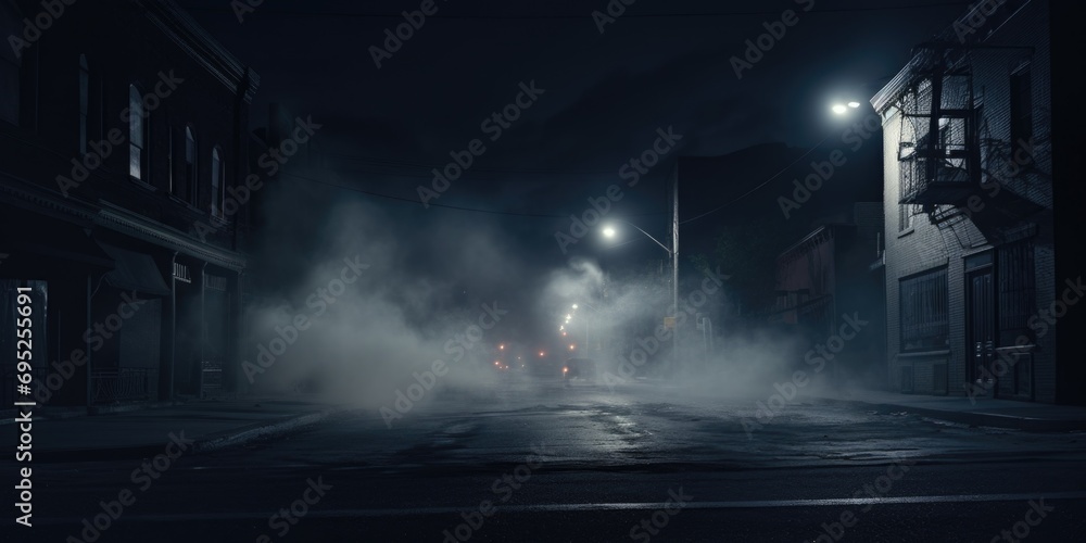 Poster a city street engulfed in dense fog at night. perfect for creating a mysterious and atmospheric mood