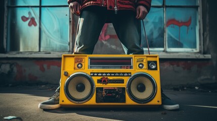 A person standing on top of a yellow boombox. This image can be used to represent music, retro culture, or a unique perspective