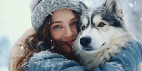 A heartwarming image of a woman embracing a husky dog in a snowy landscape. Perfect for illustrating the bond between humans and animals. Suitable for various projects