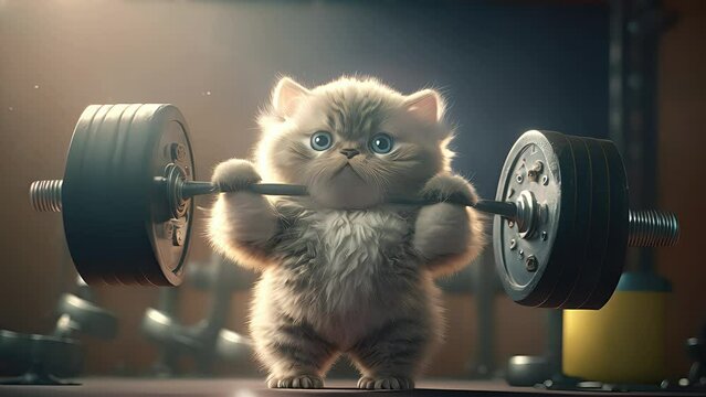 Adorable cat lifting weights. Created with Generative AI.	
