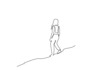 woman walks on the hill in nature calm relax back rear behind view one line art design