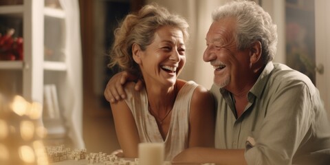 A joyful moment captured as a man and a woman sit at a table, sharing laughter and happiness. This image can be used to depict friendship, togetherness, or a lighthearted conversation