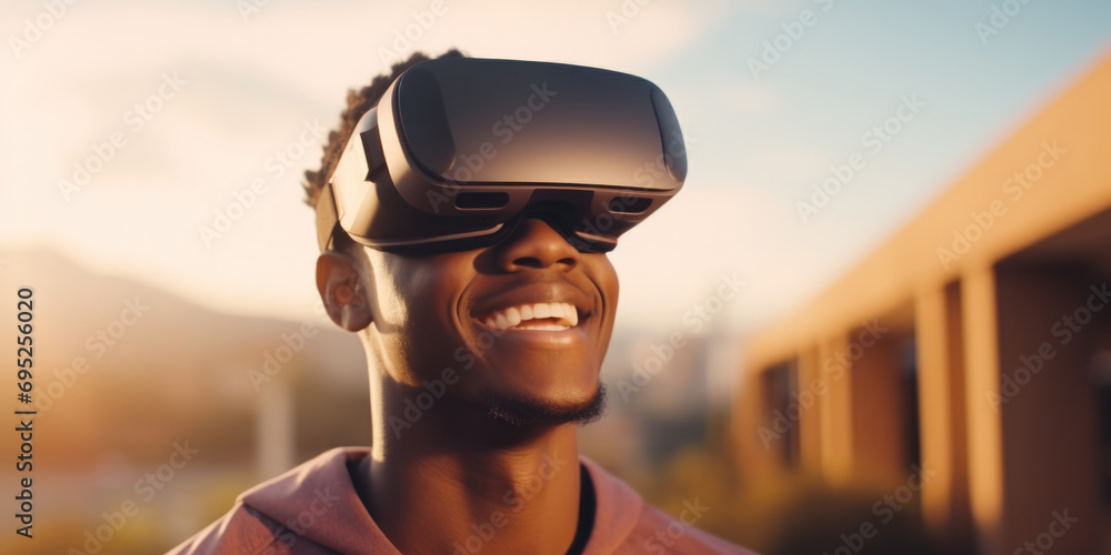 Poster a young man wearing a virtual reality headset. this image can be used to illustrate the concept of v