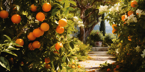 beautiful garden with orange trees. ripe fruits. harvest season oranges, tangerines, grapefruits - obrazy, fototapety, plakaty