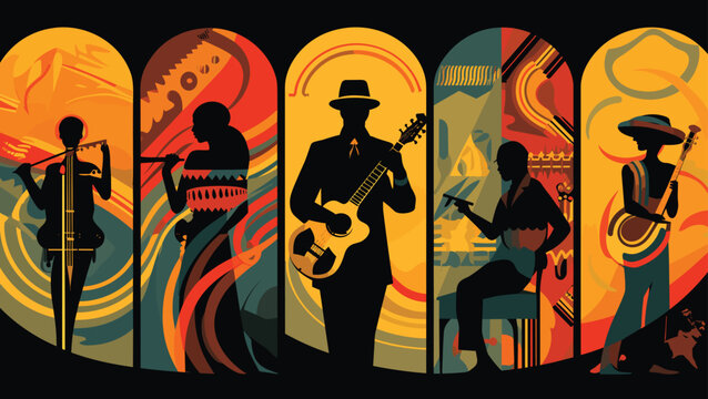 vector poster for a world music festival, showcasing stylized illustrations of global musicians and cultural symbols, diverse and vibrant world music vibe