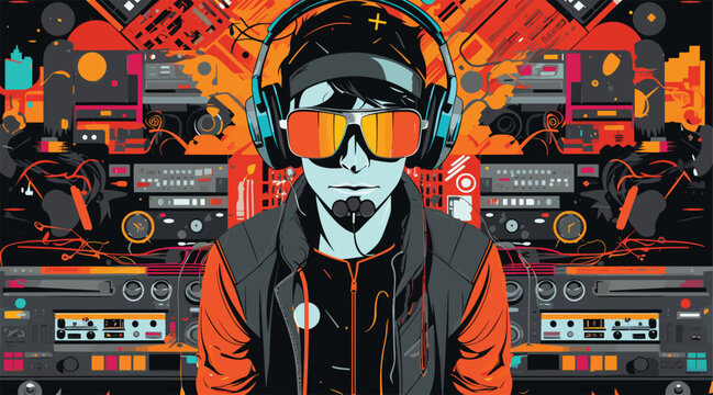 vector poster for an EDM festival, featuring stylized illustrations of electronic music DJs and producers, electronic energy while ensuring clarity in the DJ illustrations.