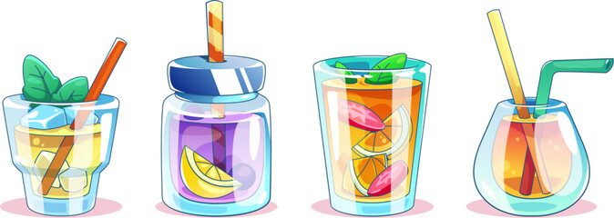 Cold summer beverage in glass with straw made of lemon, orange and berries, green mint leaves and ice cubes. Cartoon vector illustration set of cocktail and juice drinks with slice of fresh fruits.