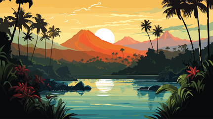 vector poster highlighting the tropical paradise of Bali, featuring lush landscapes, traditional Balinese elements, and serene beach scenes, island's tranquility  - obrazy, fototapety, plakaty