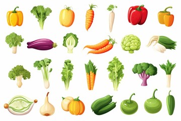 A collection of various vegetables and fruits displayed on a clean white background. Suitable for use in recipe books, grocery store advertisements, and healthy eating campaigns