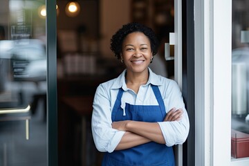 Confident and beautiful business black woman wearing an apron excels in her profession by providing excellent service in the store. - obrazy, fototapety, plakaty
