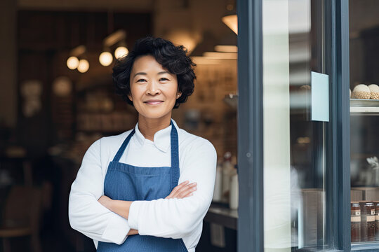 A confident and professional woman in an apron runs the store, embodying excellent service and entrepreneurship.