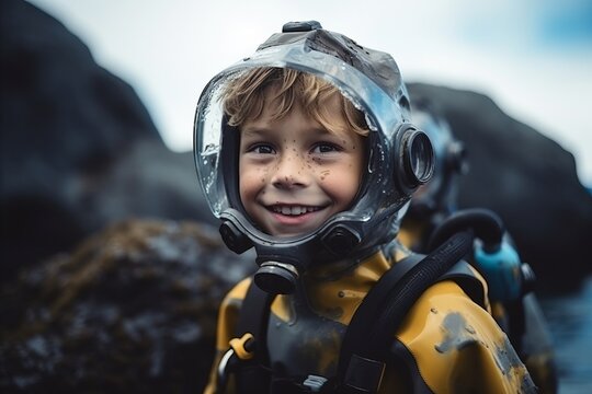 Portrait of a cute little boy wearing scuba diving suit.