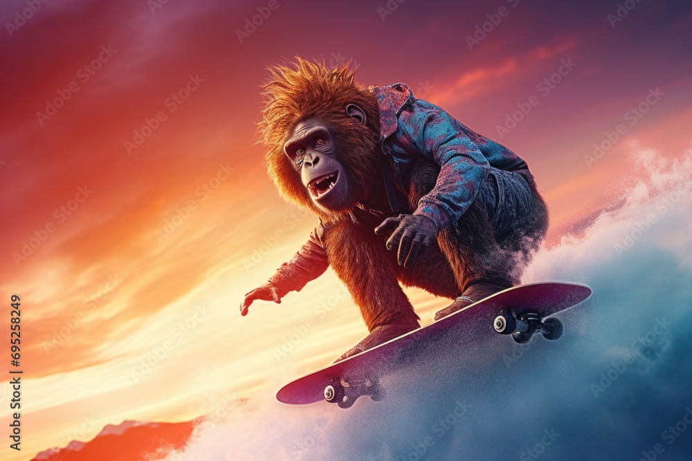Poster a unique and whimsical image of a gorilla riding a skateboard in the sky. this picture can be used t