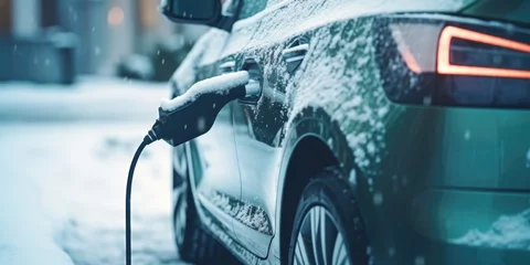 Fotobehang An electric car is pictured plugged into a charging station in the snow. This image can be used to showcase sustainable transportation options and the use of electric vehicles in winter conditions © Fotograf