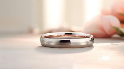 Beautiful platinum rings with a rose gold accent is shown up close, positioned on a white surface with gentle sunlight softly highlighting the rings details in the background. - obrazy, fototapety, plakaty