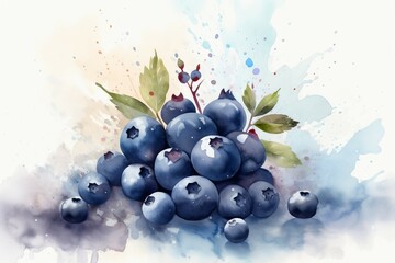 Blueberries fruit watercolor drawing. Succulent summer organic fresh berries illustration. Generate ai