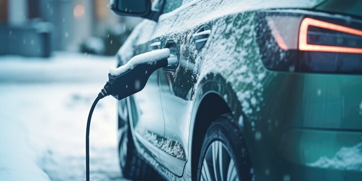 An electric car is pictured plugged into a charging station in the snow. This image can be used to showcase sustainable transportation options and the use of electric vehicles in winter conditions