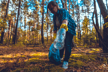 Cleaning up plastic bottles in the autumn forest. A woman volunteer saves the autumn forest from...