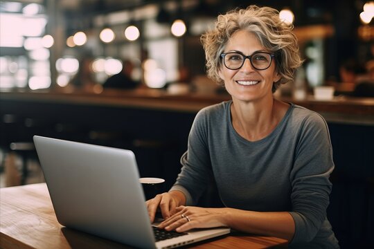 Portrait of smiling businesswoman in eyeglasses using laptop in cafe
