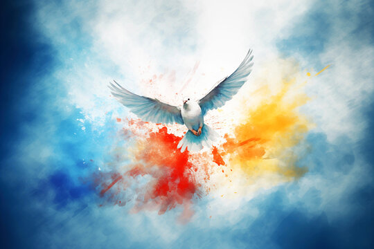 Flying white dove with red and blue paint splashes in the sky.