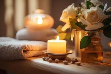Obraz na płótnie Canvas Relaxing Spa Retreat: Peaceful Photos Showcasing Candles, Aromatherapy Oils, and Soft Illumination