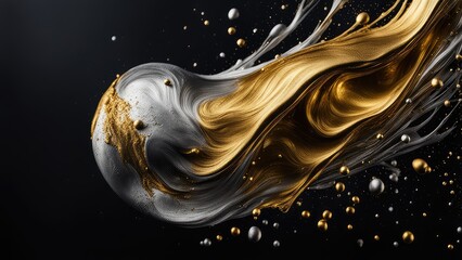 Splashes of gold paint and silver paint on a black background