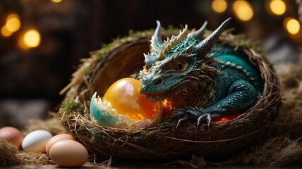 Naklejka na ściany i meble A small, little ,cute baby dragon sleeping comfortable inside egg shell