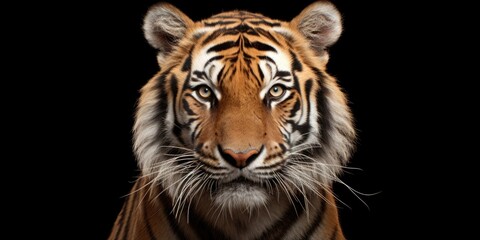 Close up of a tiger's face against a black background. Perfect for wildlife or animal-themed designs - obrazy, fototapety, plakaty