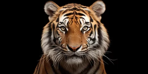 Fotobehang Close up of a tiger's face against a black background. Perfect for wildlife or animal-themed designs © Fotograf