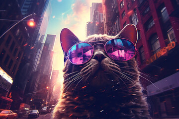 Animals, lifestyle concept. Cool looking cat with purple sunglasses in urban night city background. Retro, vintage, pop 80s-90s style