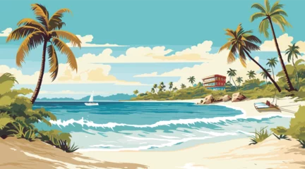 Foto op Aluminium vintage-inspired vector postcard reminiscent of a Caribbean island, featuring pristine beaches, classic typography, and a retro color palette, tropical paradise while ensuring © J.V.G. Ransika