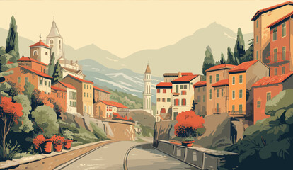  vintage-inspired vector postcard reminiscent of an idyllic Italian village, featuring charming streets, classic typography, and a retro color palette, rustic charm of Italian country - obrazy, fototapety, plakaty