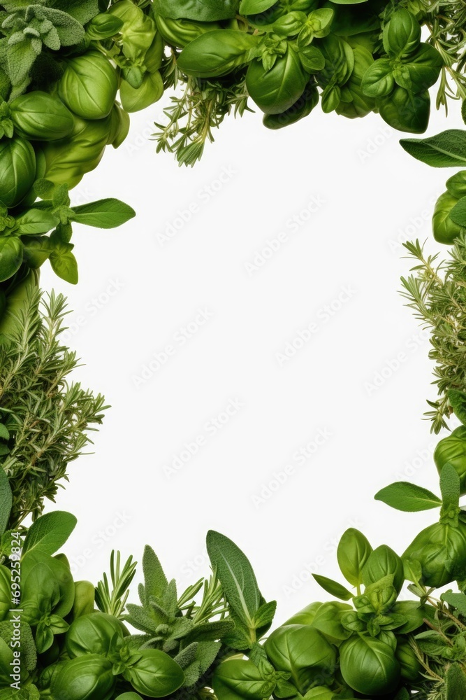Poster A square frame made of fresh herbs on a white background. Perfect for adding a touch of freshness and nature to any design