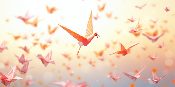 A group of origami birds flying through the air. This image can be used to represent freedom, creativity, and nature