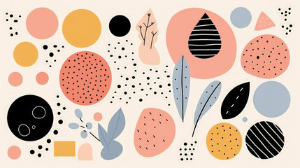 abstract background. Hand drawn various shapes and doodle objects. Modern contemporary trendy vector illustration. Each background is isolated. pastel colors 