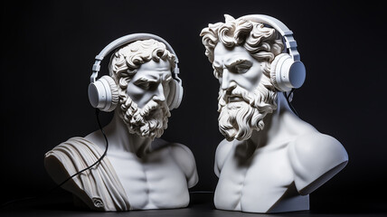 god listens to music, the head of an abstract fictional ancient male statue in modern music headphones, listens to music on a dark background, classical music