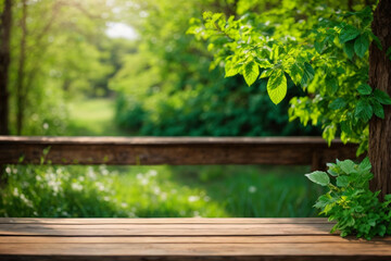 Spring summer beautiful natural background with green foliage in sunlight and empty wooden table outdoors, 4K resolution