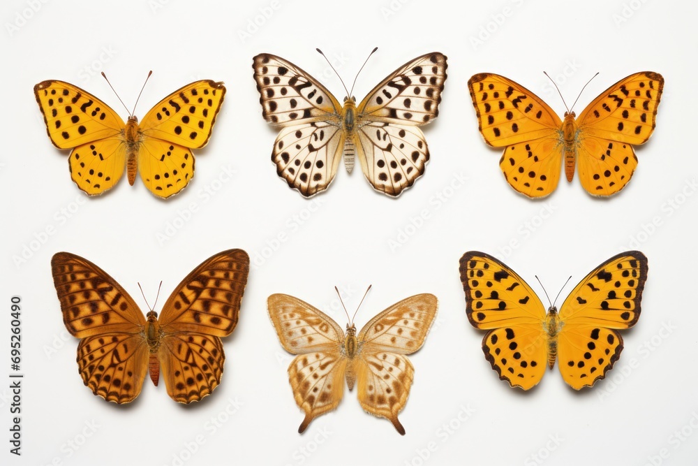 Poster A group of butterflies sitting on top of a white surface. This image can be used for various purposes