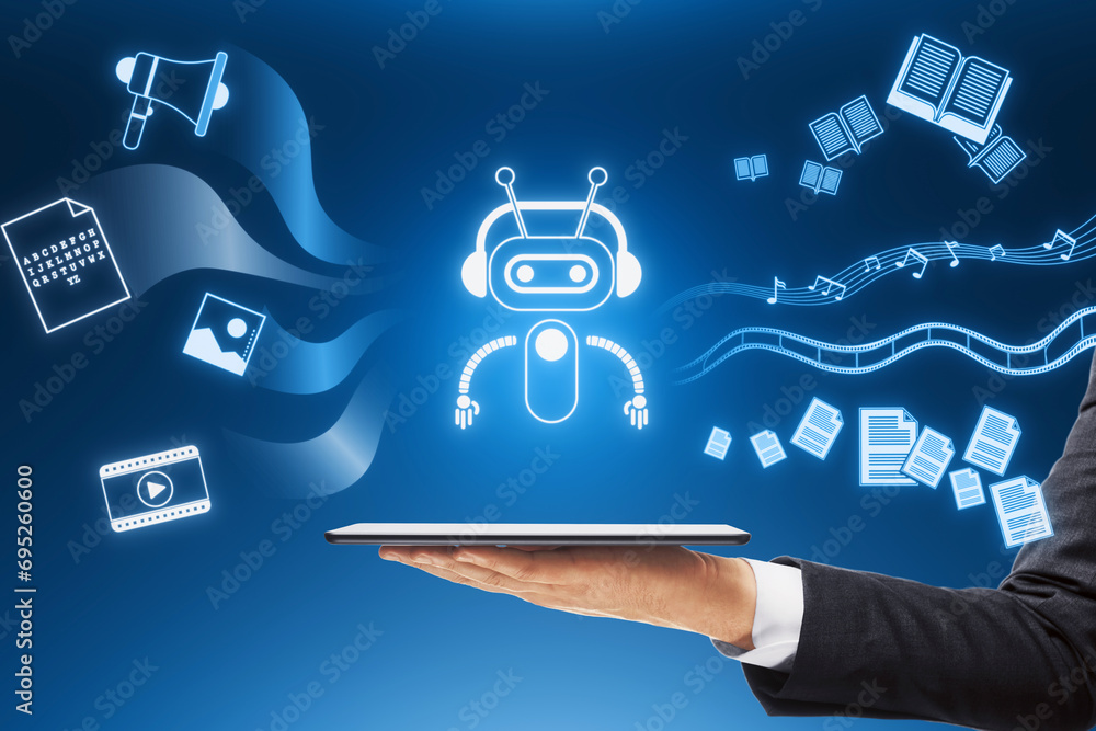 Poster close up of businessman hands holding cellphone with creative robot hologram on blue background. art