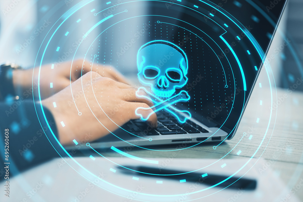 Poster side view of male hands using laptop with creative skull hologram on blurry background. cyber attack