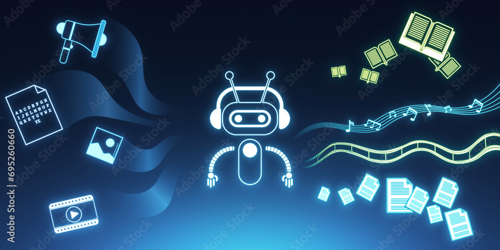 Poster Creative robot hologram on blue background. Artificial intelligence, chat gpt and ai concept. 3D Rendering.