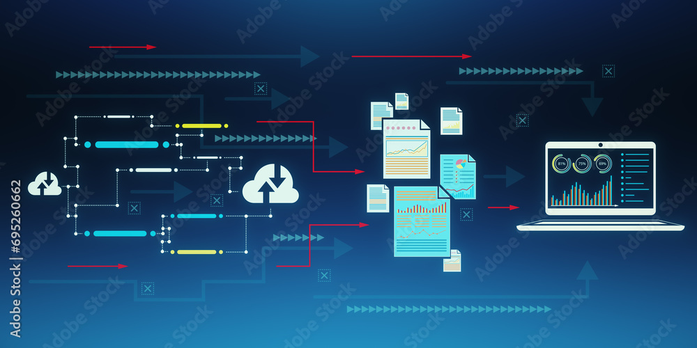 Poster creative big data transfer and digital transformation hologram on blue background. 3d rendering.