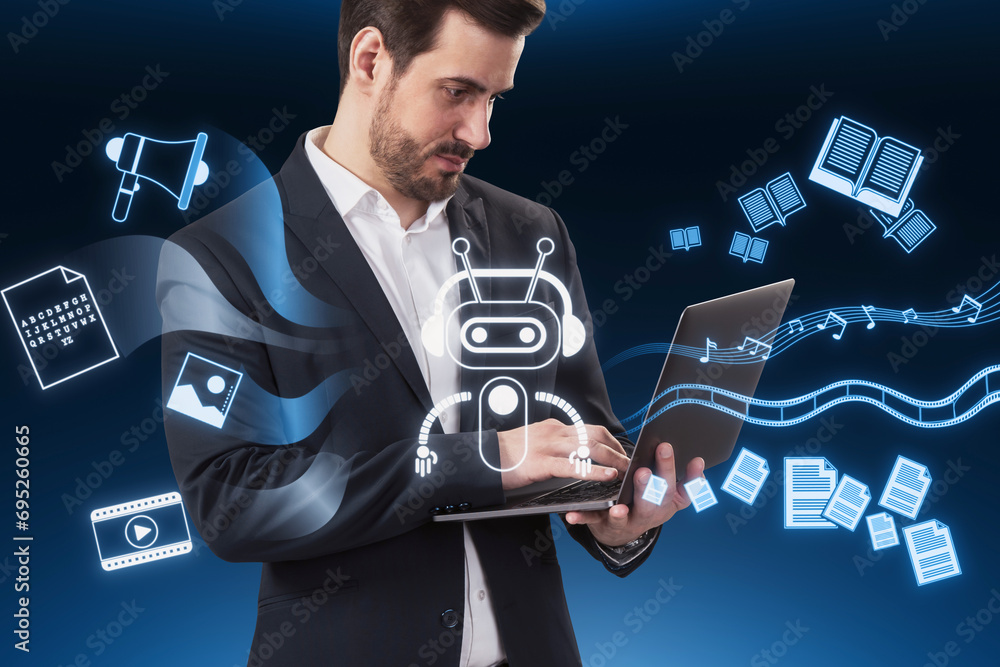Poster attractive young caucasian businessman using laptop with creative robot hologram on blue background.
