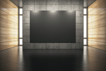 Modern exhibition space with blank black banner on concrete wall and wooden side panels. Branding concept. 3D Rendering