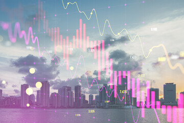 Abstract falling candlestick forex chart and index on blurry city backdrop. Crisis and finance concept. Double exposure.